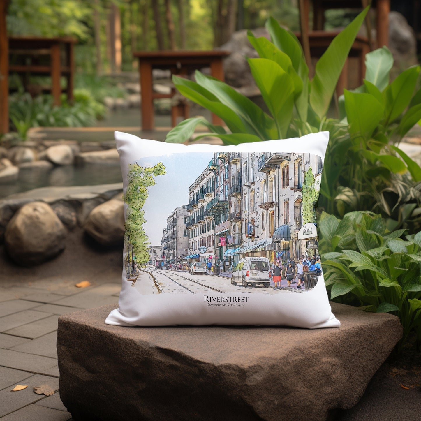 watercolor painting of Riverstreet Savannah Georgia printed on a 20 inch by 20 inch throw pillow