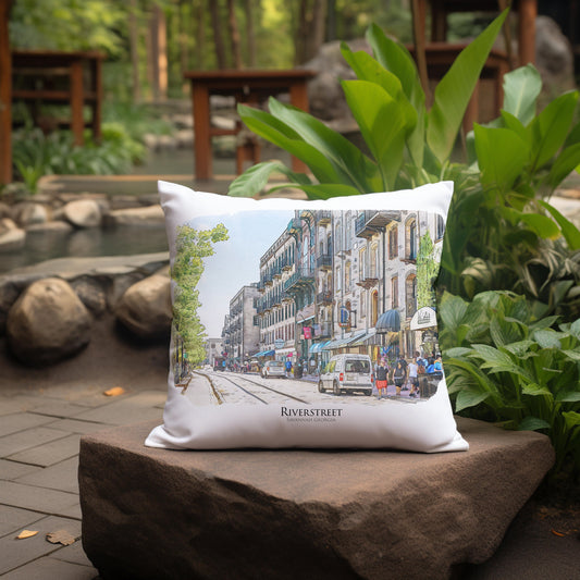 watercolor painting of Riverstreet Savannah Georgia printed on a 20 inch by 20 inch throw pillow