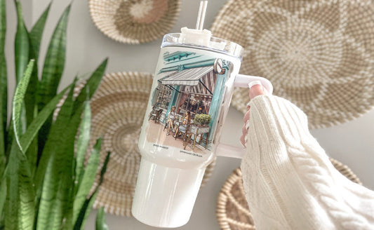 watercolor painting of Paris Market Savannah Georgia printed on a 40 ounce double insulated tumbler