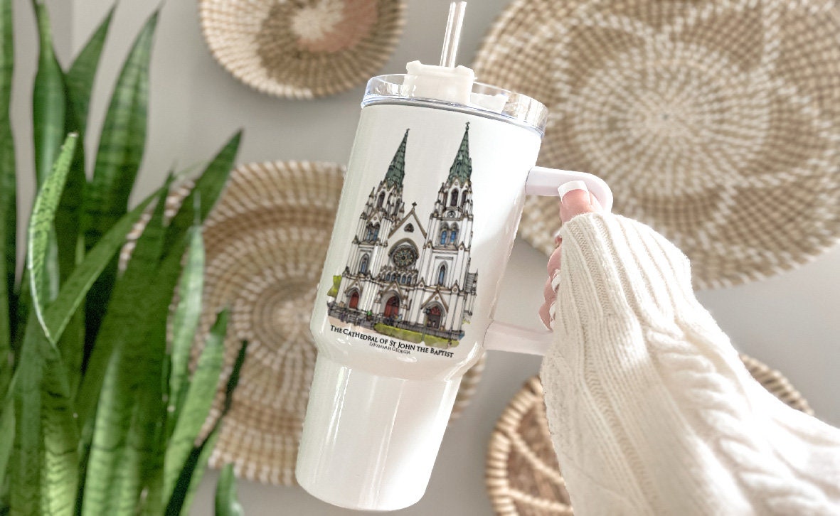 watercolor painting of Cathedral Saint John the Baptist Savannah Georgia printed on a 40 ounce double insulated tumbler