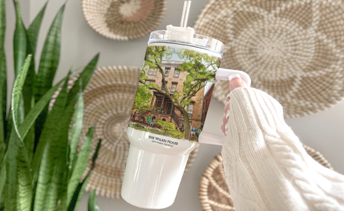 watercolor painting of the Wilkes House Savannah Georgia printed on a 40 ounce double insulated tumbler