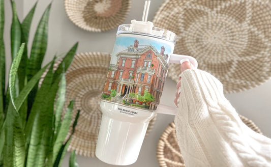 watercolor painting of the Kehoe House Savannah Georgia printed on a 40 ounce double insulated tumbler