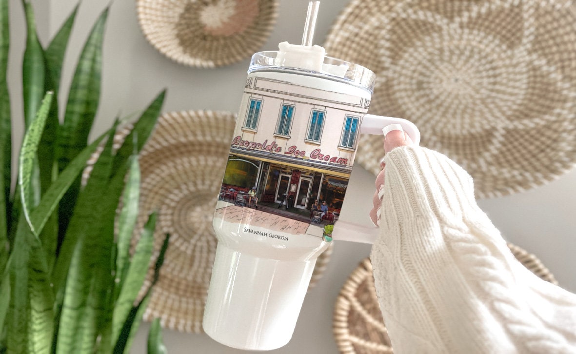 watercolor painting of Leopolds Ice Cream Savannah Georgia printed on a 40 ounce double insulated tumbler