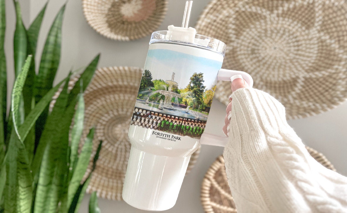 watercolor painting of Forsyth Park Fountain Savannah Georgia printed on a 40 ounce double insulated tumbler