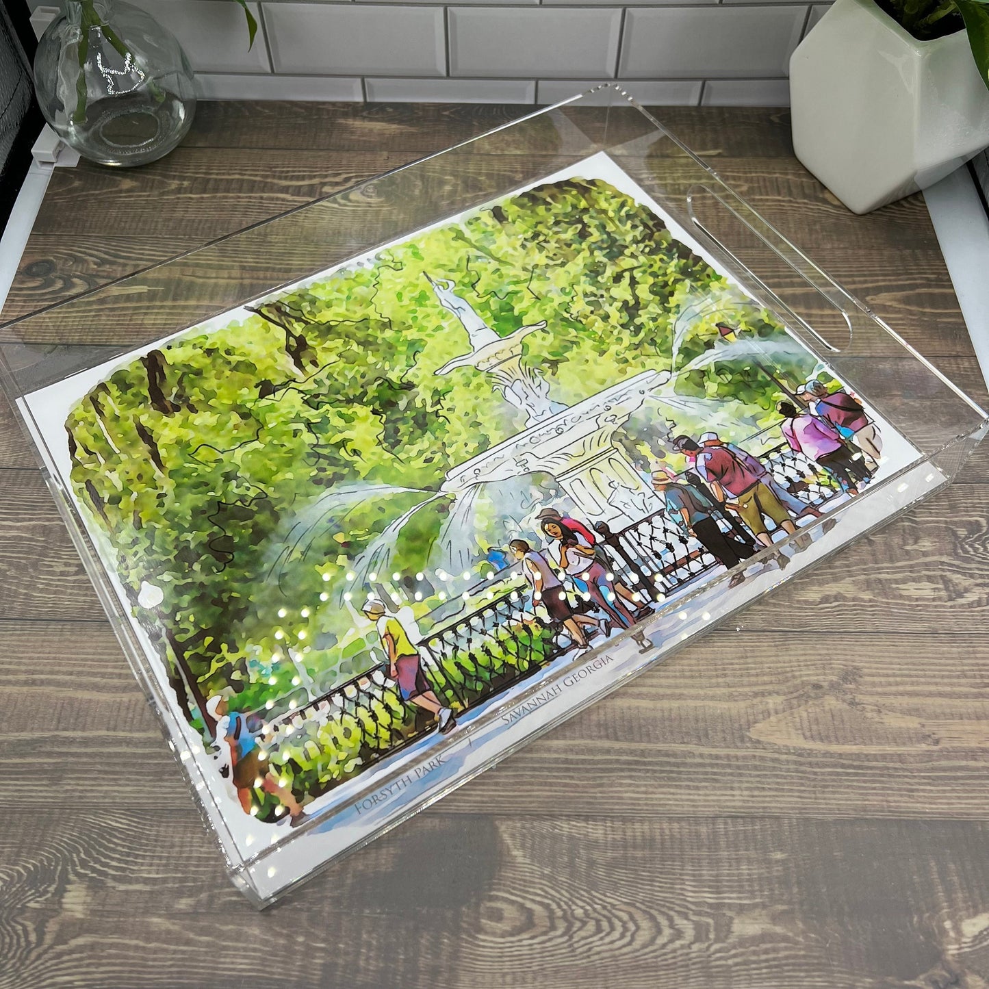 watercolor painting of the Forsyth Park Fountain Savannah Georgia acrylic serving tray