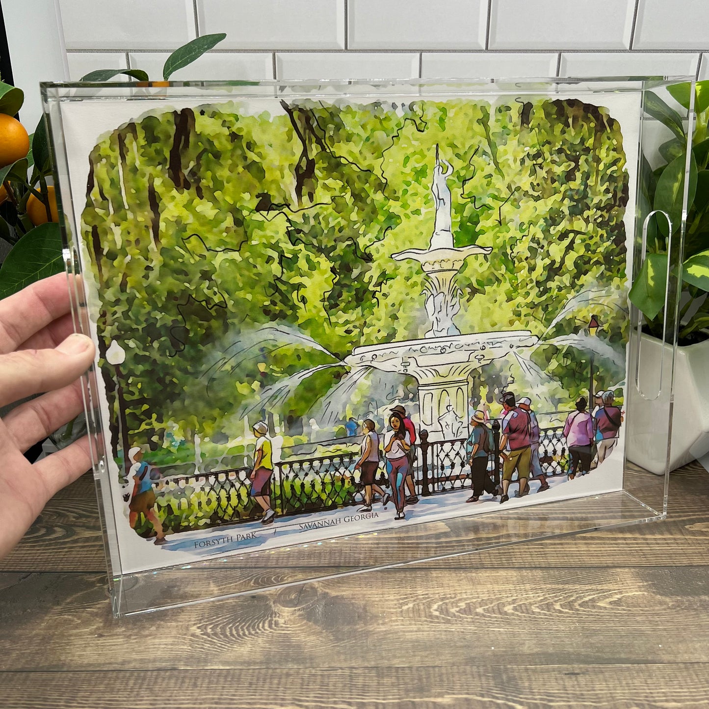 watercolor painting of Leons Fine Poultry and Oyster Shop Charleston South Carolina acrylic serving tray