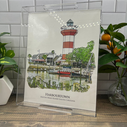 watercolor painting of the Harbourtown Lighthouse Hilton Head Island acrylic serving tray