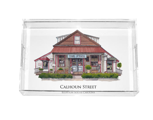 watercolor painting of the Store on Calhoun Street in Bluffton South Carolina acrylic serving tray