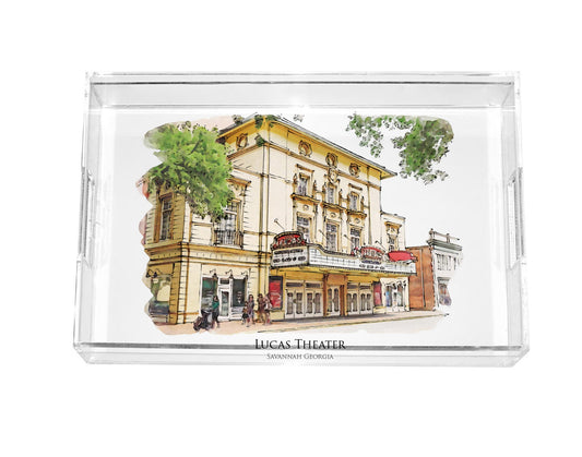 watercolor painting of the SCAD Lucas Theater in Savannah Georgia acrylic serving tray