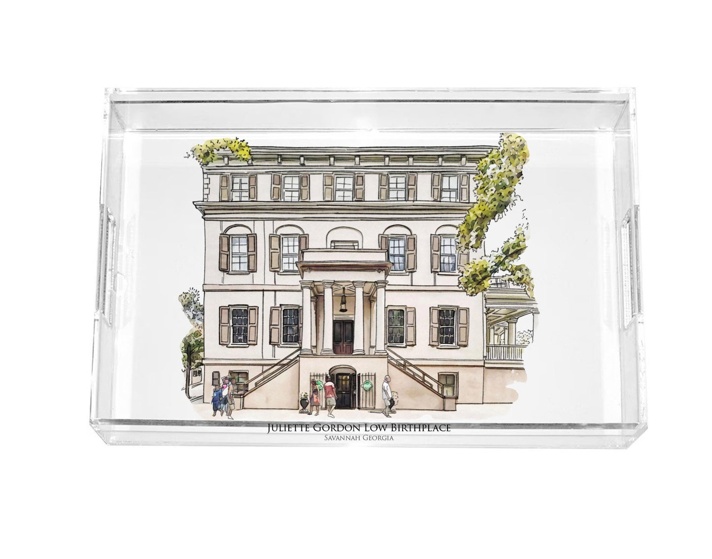 watercolor painting of the birthplace of Juliette Gordon Low in Savannah Georgia acrylic serving tray