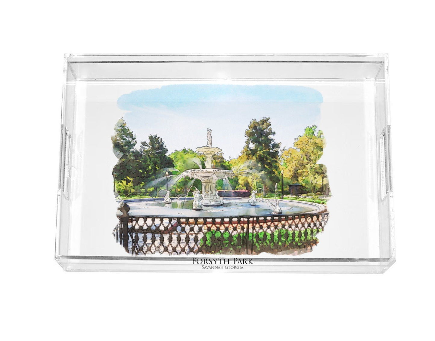 watercolor painting of Forsyth Park Fountain Savannah Georgia acrylic serving tray