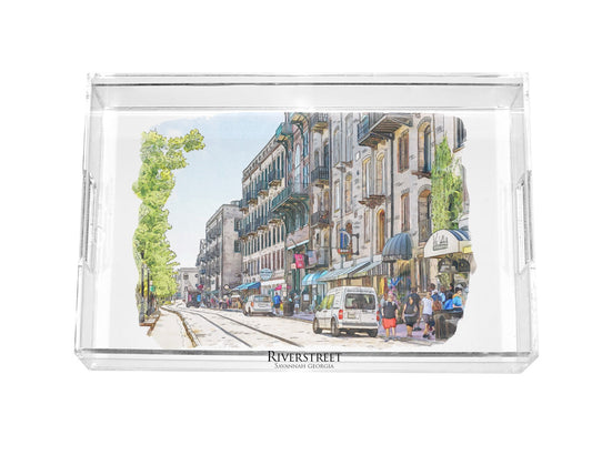 watercolor painting of Historic Riverstreet in Savannah Georgia acrylic serving tray