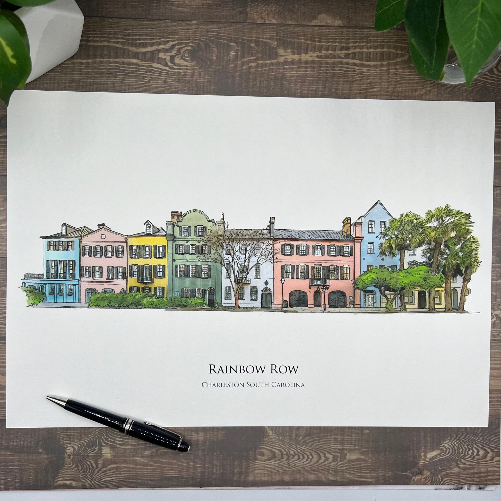 Watercolor painting of Rainbow Row Charleston South Carolina printed on a 40 ounce double insulated tumbler