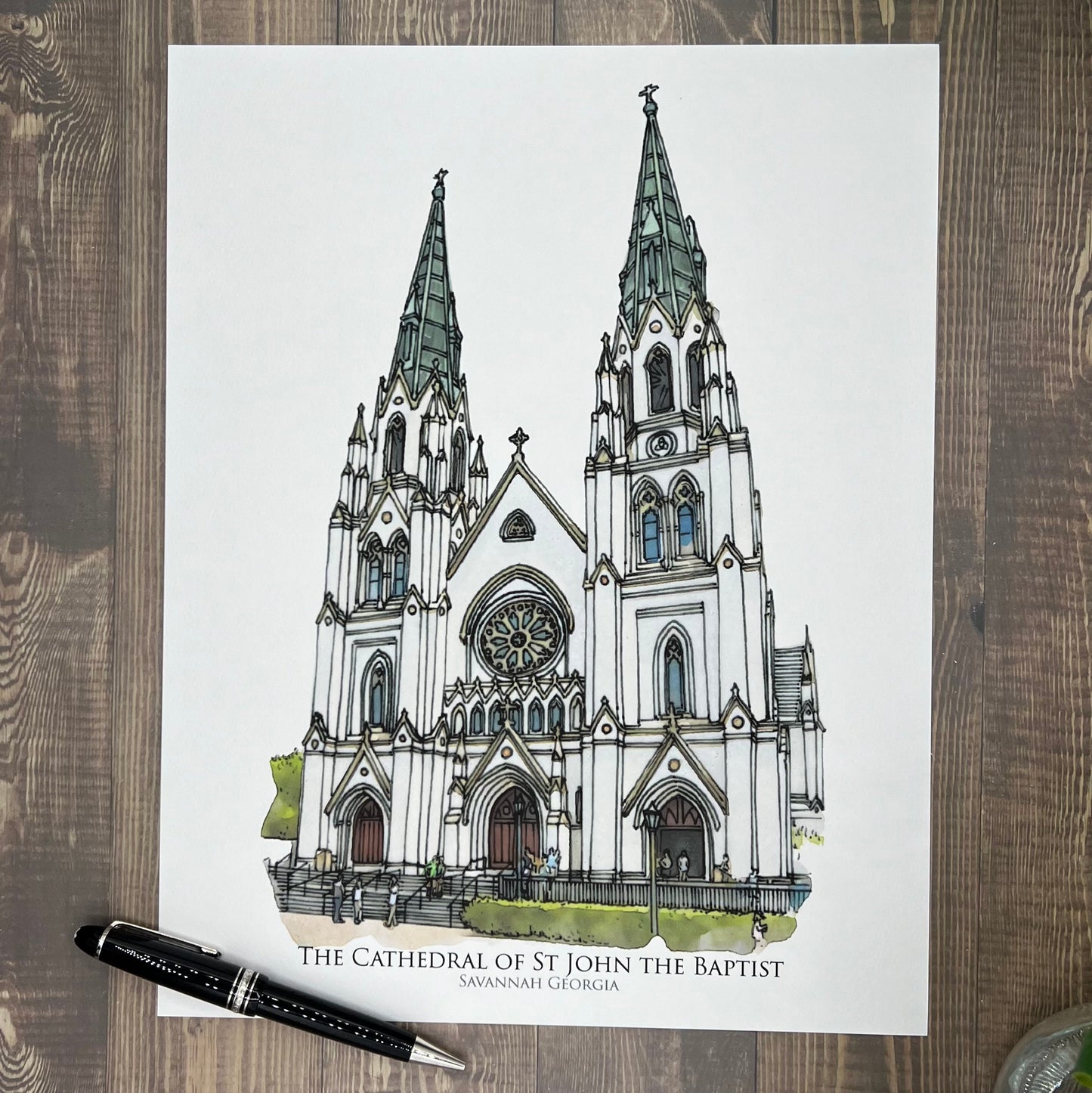 Cathedral of Saint John the Baptist Savannah Georgia watercolor painting Giclee Fine Art Print (Framed or Unframed)