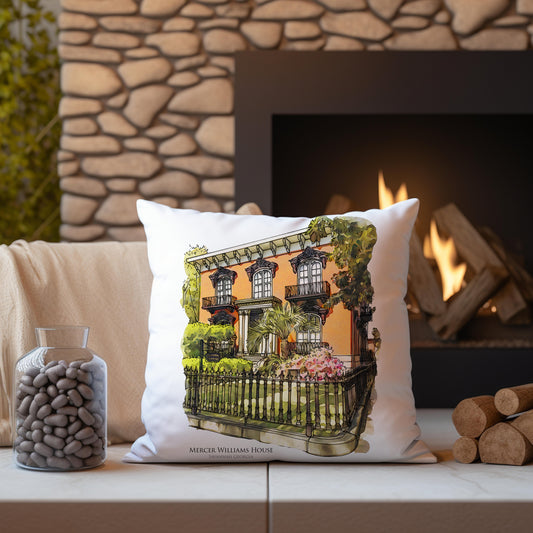 watercolor painting of Mercer Williams House Savannah Georgia printed on a 20 inch by 20 inch throw pillow