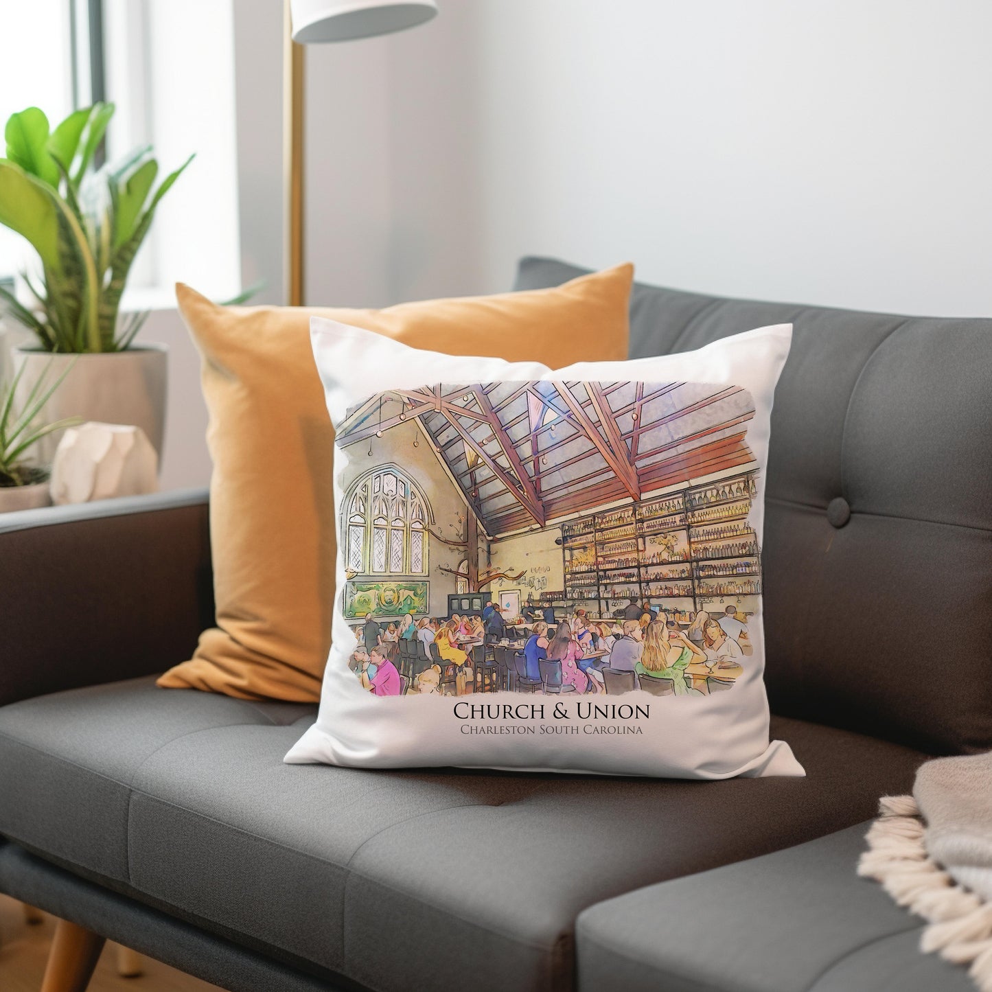 watercolor painting of Church and Union Charleston South Carolina printed on a 20 inch by 20 inch throw pillow