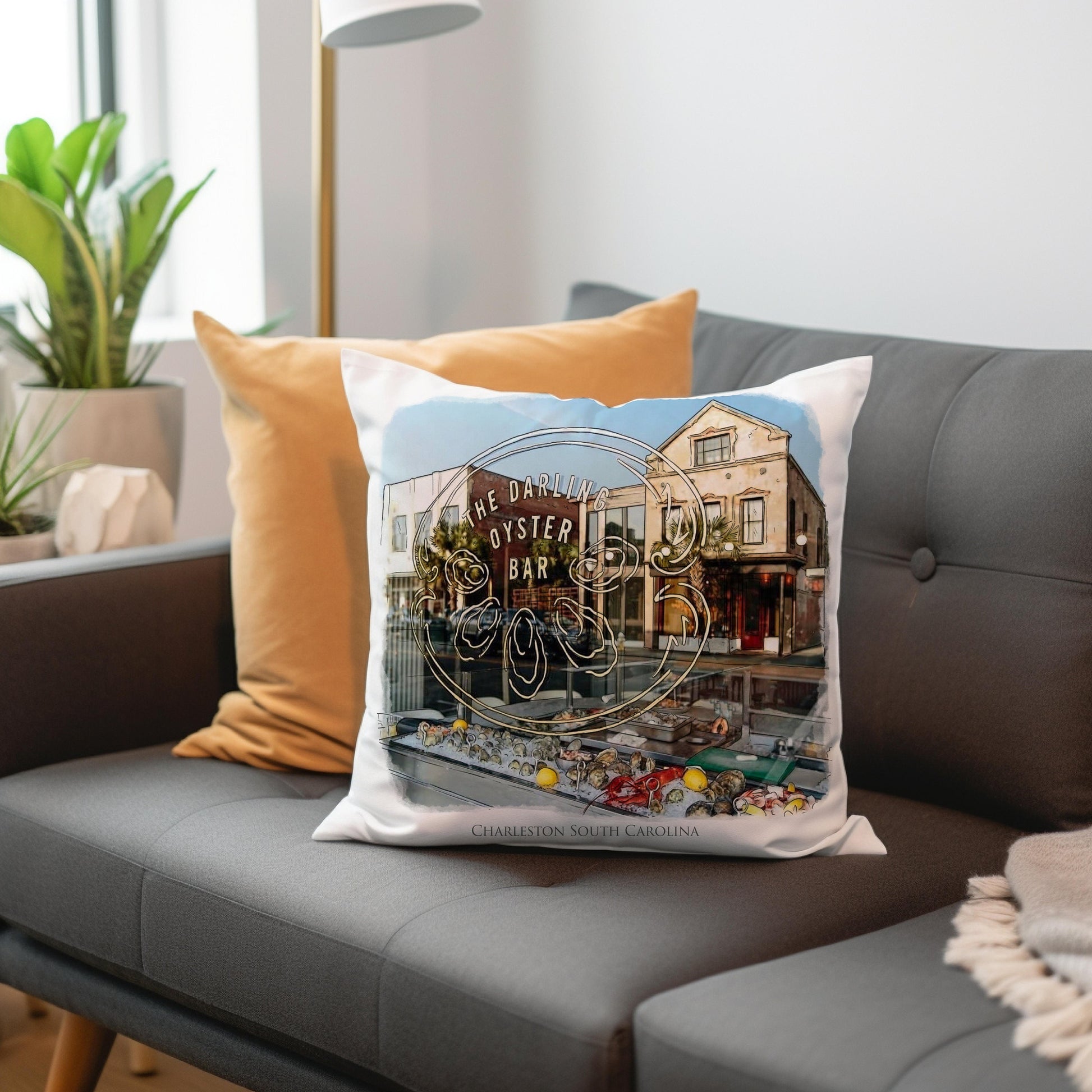 watercolor painting of The Darling Oyster Bar Charleston South Carolina printed on a 20 inch by 20 inch throw pillow