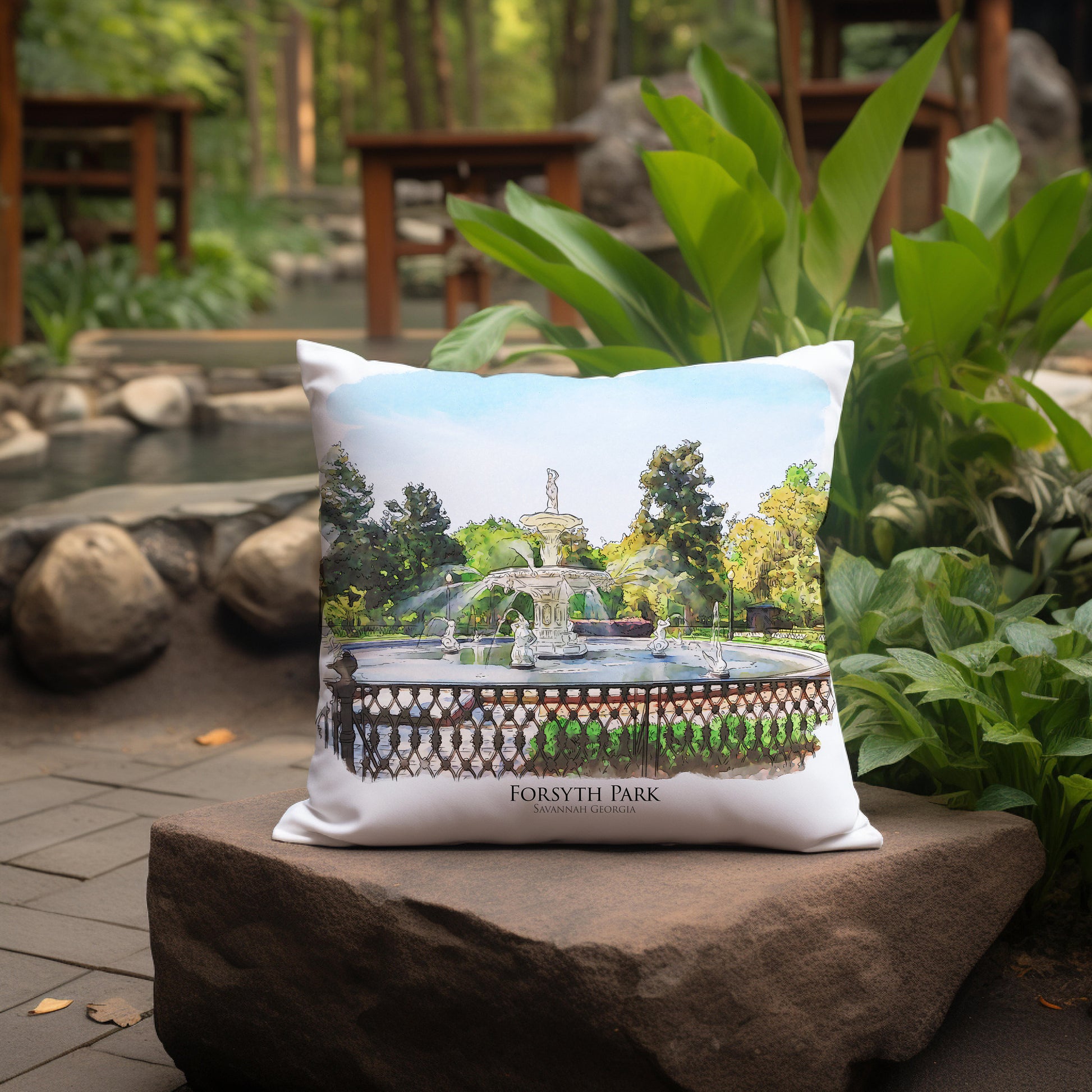 watercolor painting of Forsyth Park Fountain Savannah Georgia printed on a 20 inch by 20 inch throw pillow