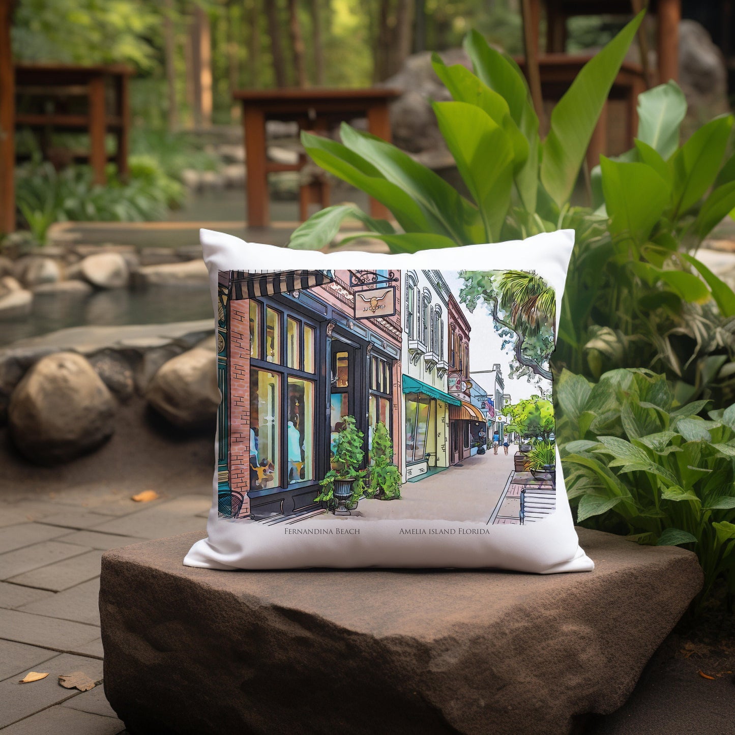 watercolor painting of Fernandina Beach Florida Amelia Island printed on a 20 inch by 20 inch throw pillow