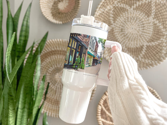 watercolor painting of Fernandina Beach Florida Amelia Island printed on a 40 ounce double insulated tumbler