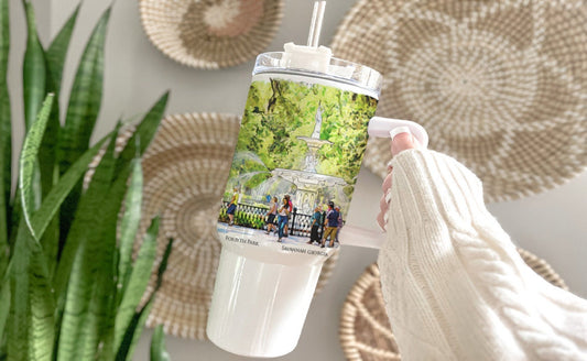 watercolor painting of Forsyth Park Fountain Savannah Georgia printed on a 40 ounce double insulated tumbler