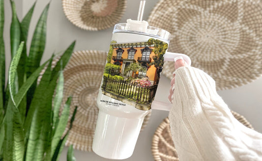 watercolor painting of the Mercer Williams House Savannah Georgia printed on a 40 ounce double insulated tumbler