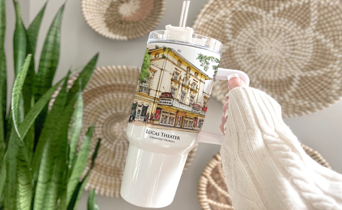 watercolor painting of the SCAD Lucas Theater Savannah Georgia printed on a 40 ounce double insulated tumbler