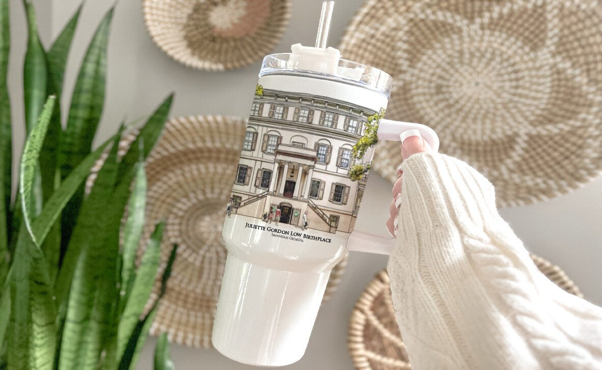 watercolor painting of the birthplace of Juliette Gordon Low Savannah Georgia printed on a 40 ounce double insulated tumbler