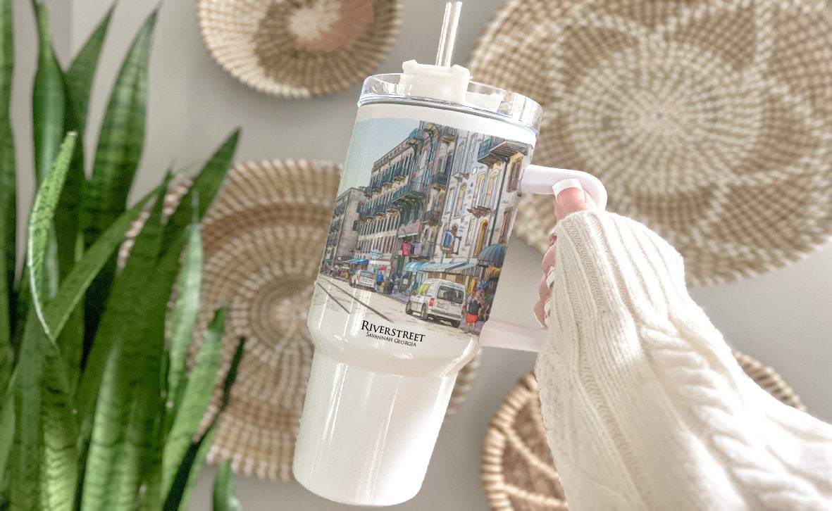 watercolor painting of Historic Riverstreet Savannah Georgia printed on a 40 ounce double insulated tumbler