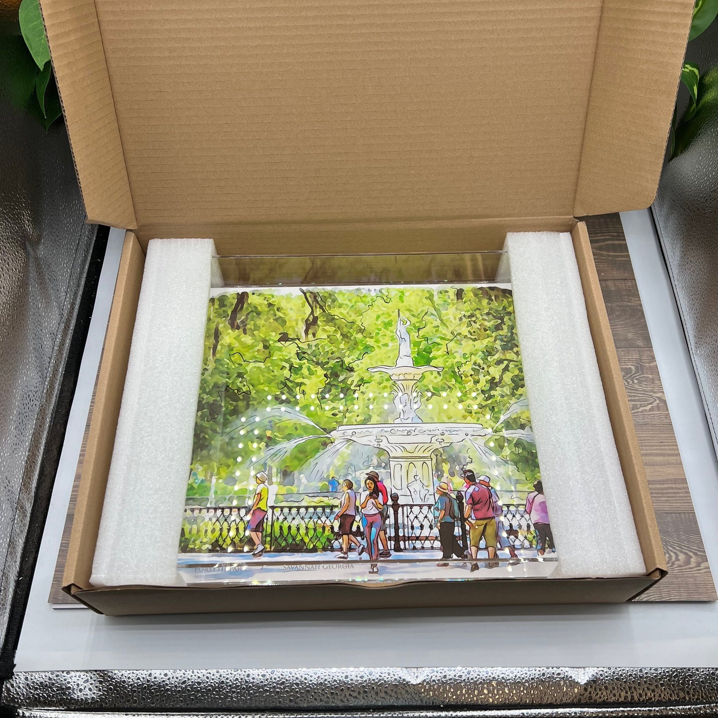 watercolor painting of the Forsyth Park Fountain Savannah Georgia acrylic serving tray