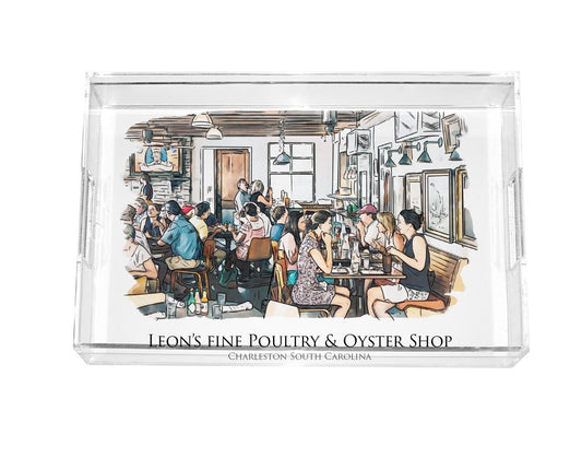 watercolor painting of Leons Fine Poultry and Oyster Shop Charleston South Carolina acrylic serving tray