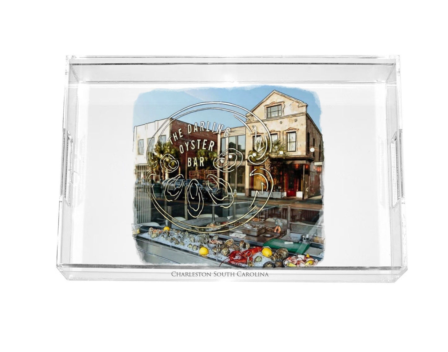 watercolor painting of Darling Oyster Bar Charleston South Carolina acrylic serving tray