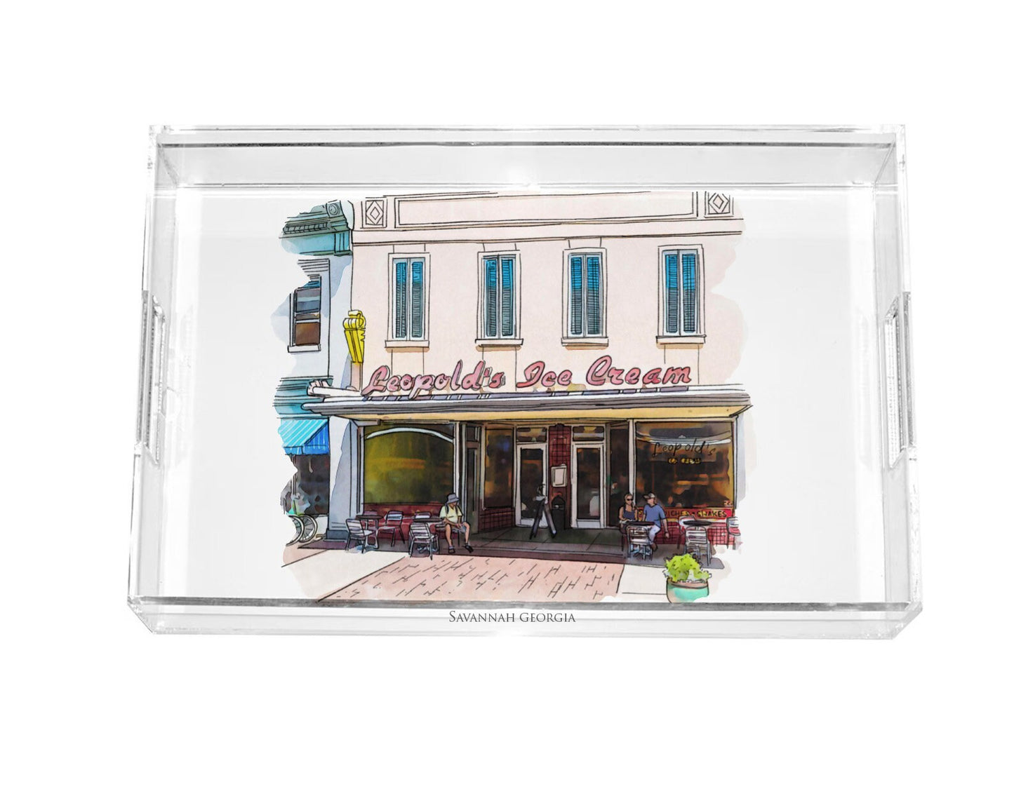 watercolor painting of Leopolds Ice Cream in Savannah Georgia acrylic serving tray