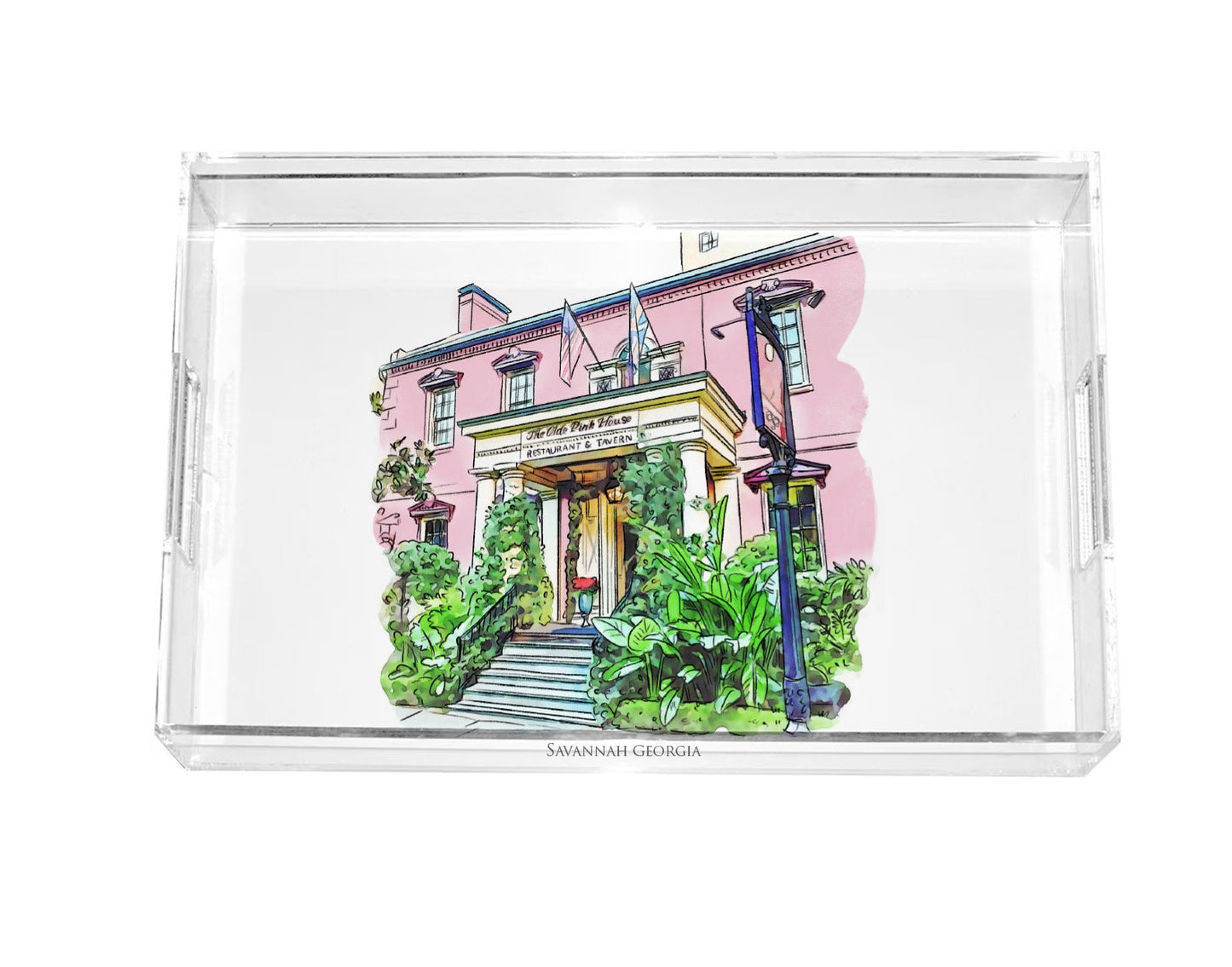 watercolor painting of the Pink House in Savannah Georgia acrylic serving tray