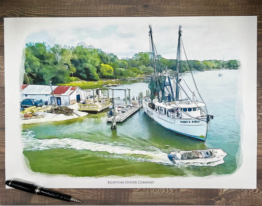 Bluffton Oyster Company in Bluffton South Carolina watercolor painting giclée fine art print (framed or unframed)