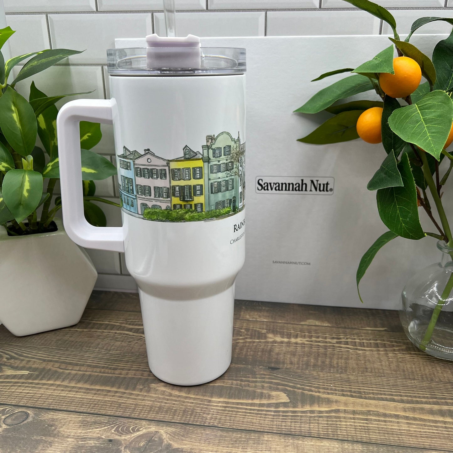 Watercolor painting of Rainbow Row Charleston South Carolina printed on a 40 ounce double insulated tumbler