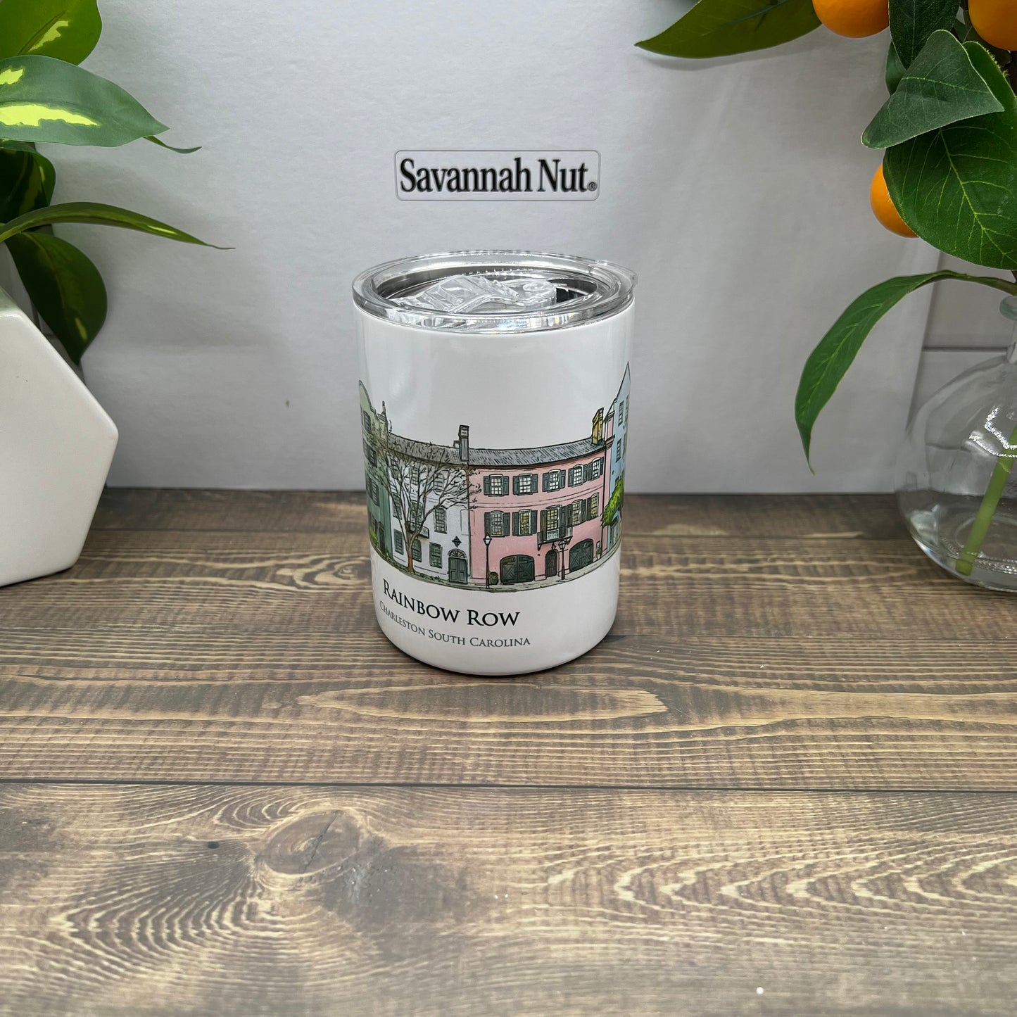 Watercolor painting of Rainbow Row Charleston South Carolina printed on a 10 ounce double insulated tumbler