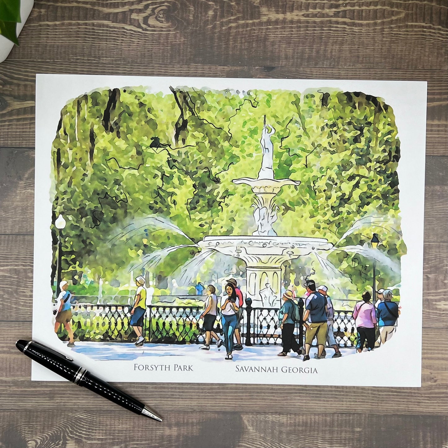 Forsyth Park Fountain Savannah Georgia watercolor painting Giclee Fine Art Print (Framed or Unframed)