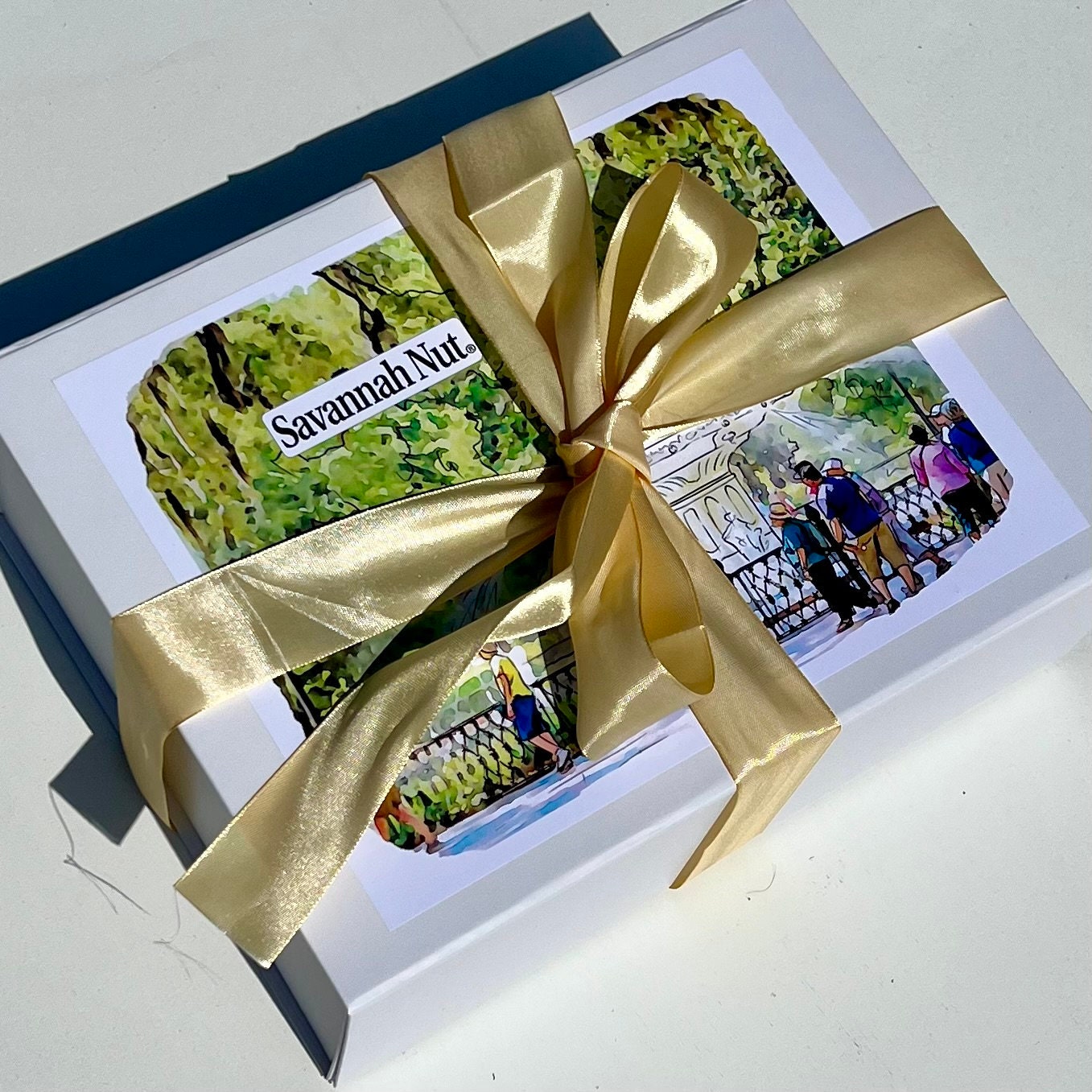 Savannah Nut Gift Box #2 featuring our original watercolor painting of the Forsyth Park Fountain Savannah Georgia