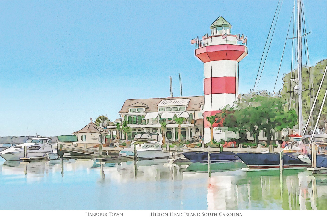 Harbour town Lighthouse Hilton Head Island South Carolina watercolor painting Giclee Fine Art Print (Framed or Unframed)