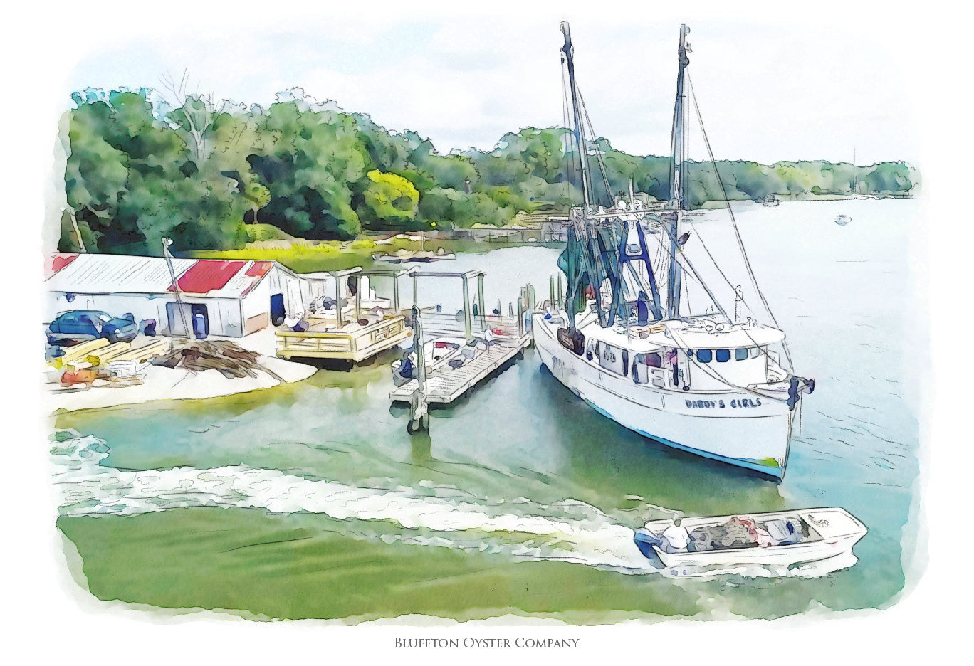 Bluffton Oyster Company in Bluffton South Carolina watercolor painting Giclee Fine Art Print (Framed or Unframed)