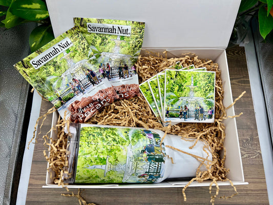 Savannah Nut Gift Box #1 featuring our original watercolor painting of the Forsyth Park Fountain Savannah Georgia