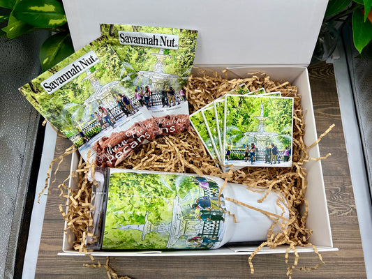 Savannah Nut Gift Box #1 featuring our original watercolor painting of the Forsyth Park Fountain Savannah Georgia