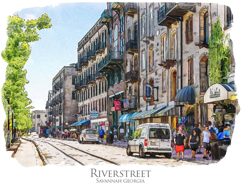 Historic Riverstreet Savannah Georgia watercolor painting giclée fine art print (framed or unframed)