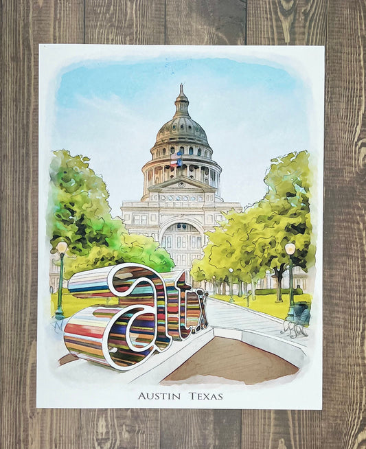 Austin Texas Watercolor Painting Giclee Fine Art Print | Original Austin Texas Art | Austin Texas Gift | Bridesmaid Gift | Wedding Gift |