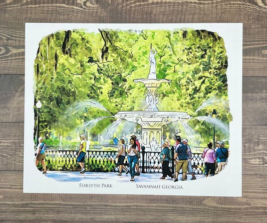 Forsyth Park Fountain Savannah Georgia watercolor painting giclée fine art print (framed or unframed)