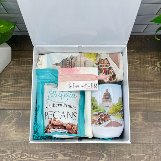 Bridesmaid Gift Box - featuring our Austin Texas watercolor painting - Personalized Custom Maid Matron of honor gift - flower girl gift