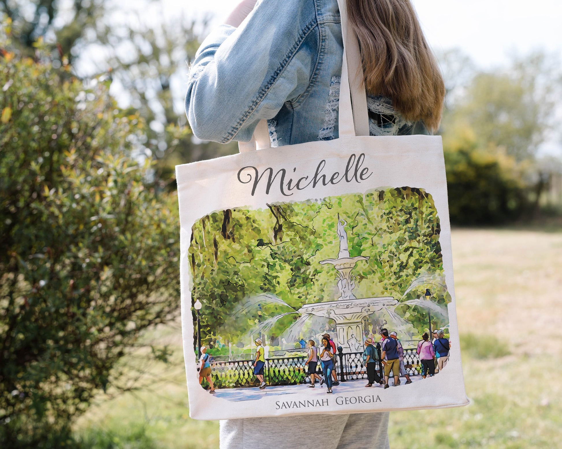 Bachelorette weekend - Bridesmaid Gift set - featuring Forsyth Park Savannah - Personalized Custom 40 oz Tumbler, tote bag and hair tie