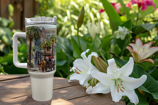 Charleston 40 ounce tumbler - Charleston South Carolina Carriage Tour Watercolor Painting - Charleston Gift - Charleston Travel Mug