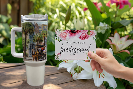 Bridesmaid Proposal Gift set - featuring Carriage Tour Charleston South Carolina - Personalized Custom 40 oz Tumbler, tote bag and hair tie